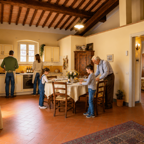 Cucina rustica familiare in preparazione